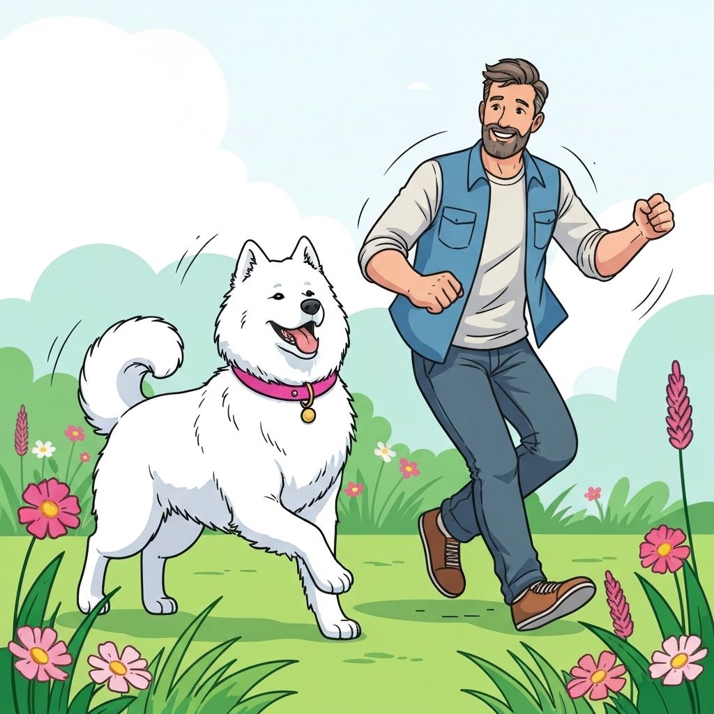 Happy dog walking with owner